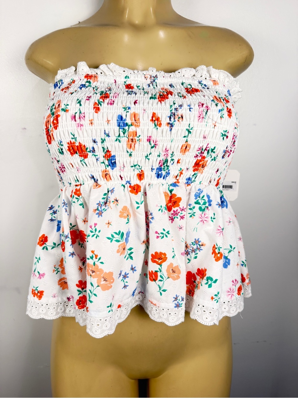 New Altar’d State Smocked Strapless Top Sz L Floral Peplum Shirt Dainty